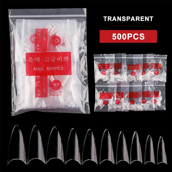 500pcs Curved Half Cover Almond False Nail Tips,10 Sizes Acrylic Long Fake Nails,Nail Art Mani Pedi Artificial Finger Nail Tips