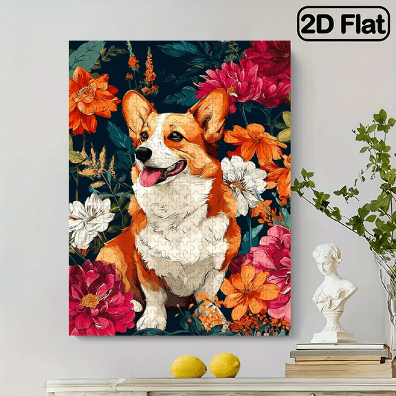 500pcs Cute Corgi Floral Puzzle, 20.4x15 Inches Cardboard Jigsaw, Portable DIY Game for, Couples Families, Ideal New Year/Birthday Gift.
