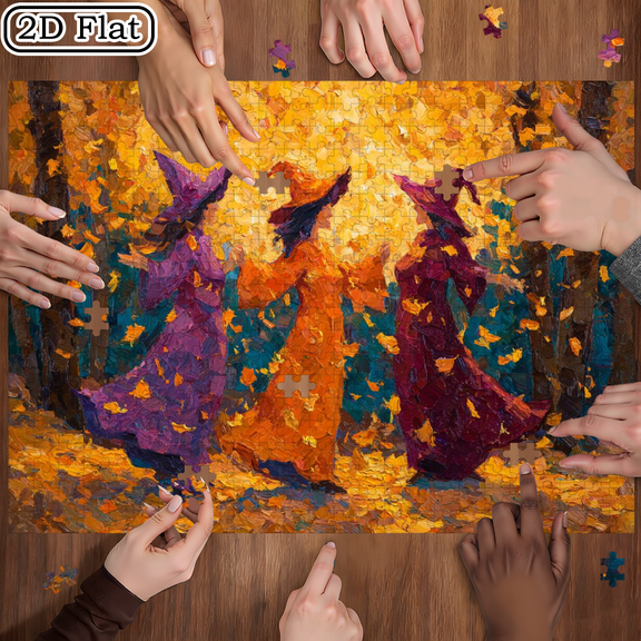 500pcs Extra Large Jigsaw Puzzle - Magical Forest Witch Gathering with Glowing Witch Hats, Halloween Autumn-Themed Wall Art Painting,20.4*14.9inch.