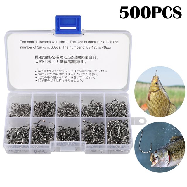 500pcs Fish Hooks, EEEkit 10 Sizes Fishing Black Silver Fishing Hooks