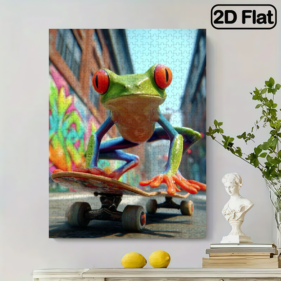 500pcs Frog Skateboard Puzzle 20.4x15 inch Finished Board, Corrugated Cardbox Box Suitable for Families, Portable DIY.