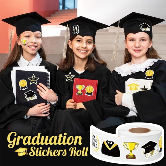 500pcs Graduation Celebration Sticker Roll for Scrapbooks Cards Diploma Photos and Party Decor with Classic Cap and Diploma Themes Black