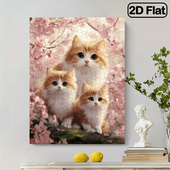 500pcs Jigsaw Puzzle - Adorable Kittens And Cherry Blossoms Design, White Rectangular Art, Vibrant Colors, Portable Challenge, Perfect Gift for Birthdays, Christmas, Halloween, Thanksgiving, Hol