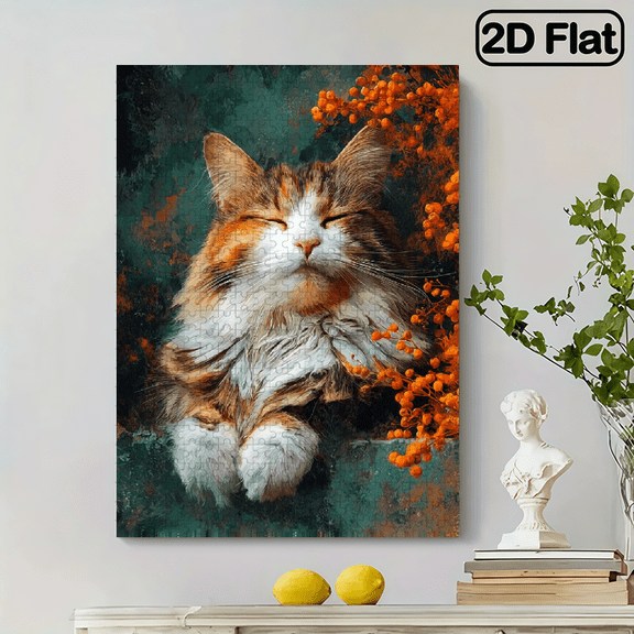 This 500pcs for Jigsaw Puzzle for Adults Showcases an Oil Painting of a Brown And White Cat Peacefully Resting with Its Eyes Shut, Surrounded by Vibrant Orange Leaves. It'S an Excellent Option f