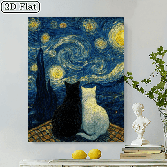500pcs Jigsaw Puzzle Black and White Double Cats Van Gogh and Night Roof Pattern Birthday/Holiday Gift Home Decoration Leisure and Entertainment Portable Rectangle Puzzle.