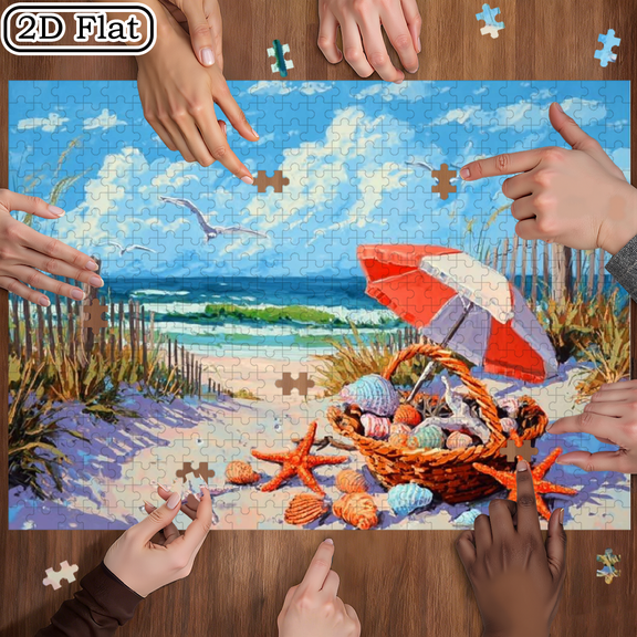500pcs Jigsaw Puzzle Blue Beach Seashells Starfish Seagulls Landscape - Birthday/Holiday Gift, Home Decoration, Leisure and Entertainment, Portable Rectangle Puzzle,20.4*14.9 in.