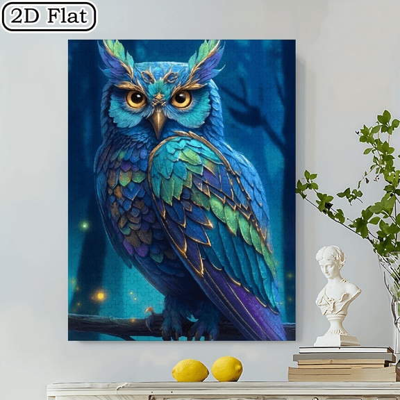 500pcs Jigsaw Puzzle Blue and Colored Glow-in-the-Dark Owl, Ideal for festival, Birthday, and Holiday Gifts, Home Decoration, Leisure and Entertainment, Portable Rectangle Puzzle.