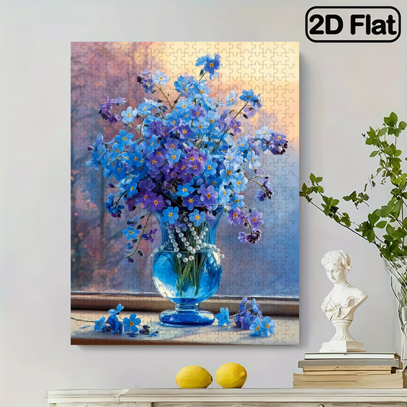 500pcs Jigsaw Puzzle - Blue Flowers in a Glass Bottle Look Especially Beautiful Through the Window, Adult Brain Teaser DIY Game, Family Interactive Fun, Advanced Skill Level, White Rectangle Des