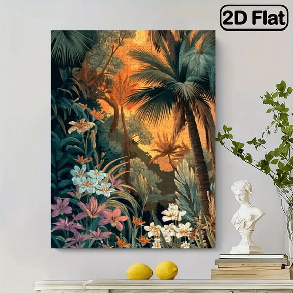500pcs Jigsaw Puzzle Designed for Adults, Depicting Tropical Jungle Scene Titled 'Sunset Afterglow'. It Highlights The Shadows of Palm Leaves Alongside Groups of Orange And Pink Blossoms