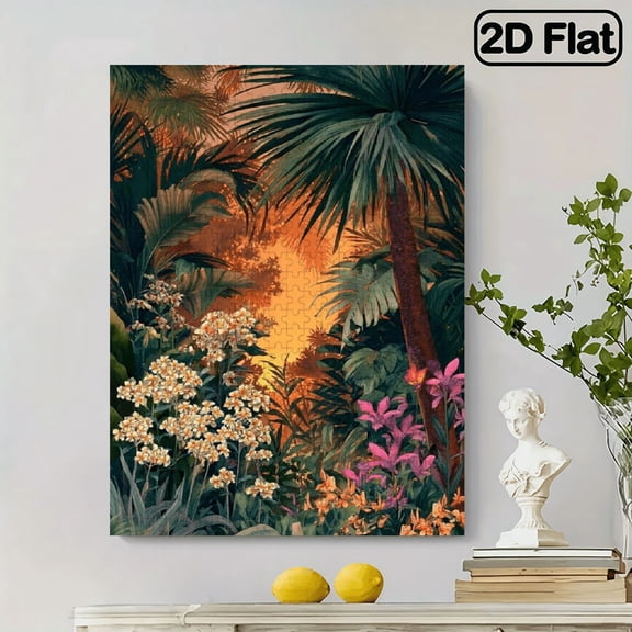 500pcs Jigsaw Puzzle Designed for Adults, Depicting Tropical Jungle Scene Titled 'Sunset Afterglow'. It Highlights The Shadows of Palm Leaves Alongside Groups of Orange And Pink Blossoms