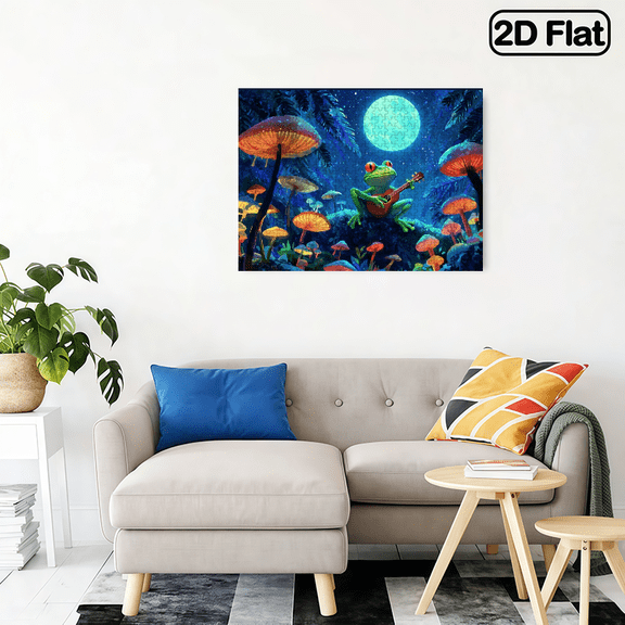 500pcs Jigsaw Puzzle - a Difficult Puzzle to Train Endurance and Logical Thinking - a Fantasy Scene of a Frog Playing Guitar in a Moonlit Forest Among Mushrooms.20.4*14.9 in.