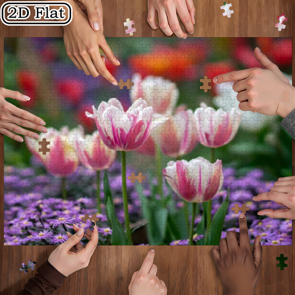 500pcs Jigsaw Puzzle with Pink White Gradient Tulip Petals - Piece Suitable, Challenging Brain, Portable Rectangular Box for, Birthday/Holiday Gift,20.4*14.9 in.