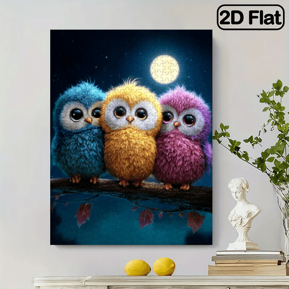 500pcs Jigsaw Puzzle - Whimsical Owls on Branch Under Moonlit Starry Sky, Vibrant Colors, Challenging Puzzle for, Portable Rectangular Art Decor, Perfect Gift for Birthdays, Christmas, Halloween