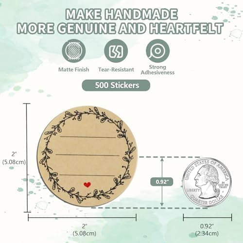 500pcs Label Stickers for Jars and Lids, Floral Heart & Lace Design with 3 Lines for Writing, Kraft Sticker Labels Pantry Labels, Mason Jar Labels Canning Labels Gift Tags(2" Round)