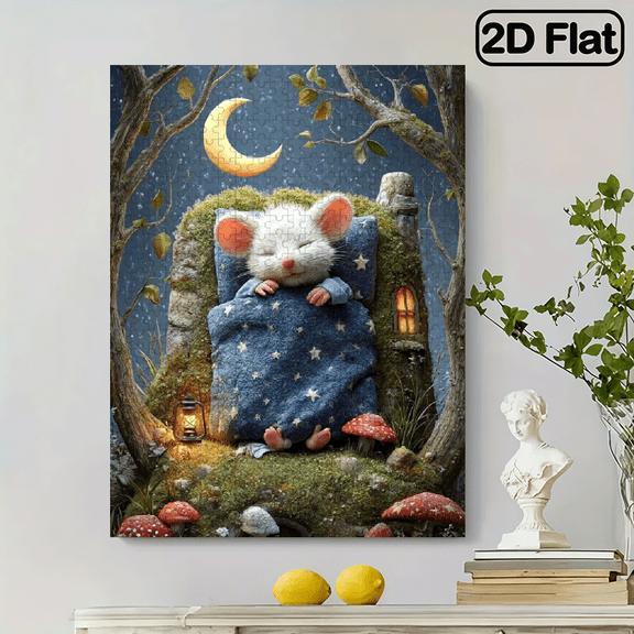 500pcs Large Adult Jigsaw Puzzle - Magical Mouse House with Sleeping Mice, Owls Glowing Lanterns 20.4x15 Inch Giant Jigsaw for Adults.