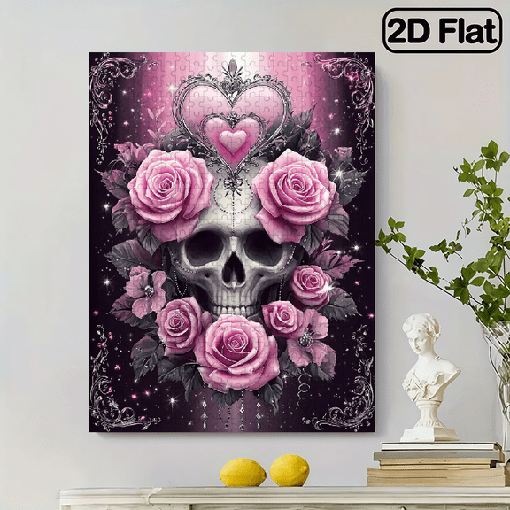 500pcs Large Adult Jigsaw Puzzle Suitable for for Family Friends, Skull Heart Flowers Design with Gothic-Themed Brain - Portable Suitable for Birthdays, Christmas Gifts, Relax Challenge, Intermedi