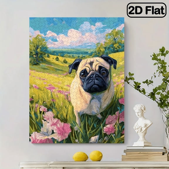 500pcs Large Adult Puzzle Suitable for - Cute Pug Dog in Pink Floral Green Pastoral Scene - Challenging Frameless for family, Adults - Portable DIY Paper Puzzle
