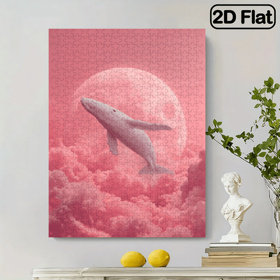 500pcs Large Humpback Whale Cloud Jigsaw Puzzle Suitable for Adults, Durable Cardboard with White Pieces Pink Sky Ocean Theme, Portable Whale Watching Activity Game for Family Bonding, Relaxing