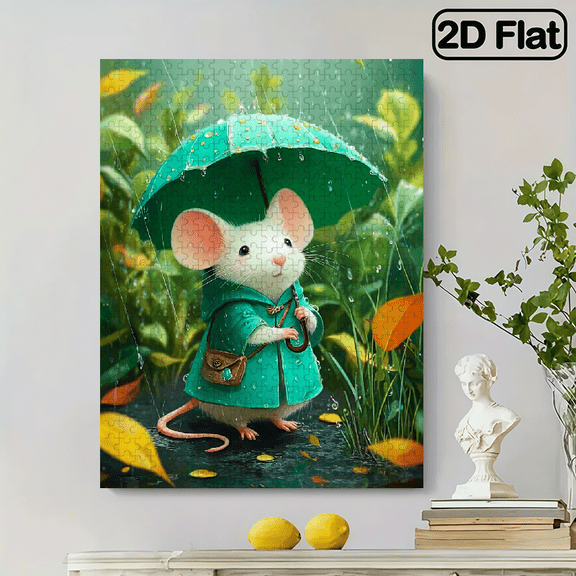 500pcs Large Jigsaw Puzzle Suitable for Adults - White Mice with Umbrellas Rain Scene, 27.56x15" Picture, Challenging Brain Game, /Christmas/New Year Gift for Family Friends, Portable Boxed Puzzle