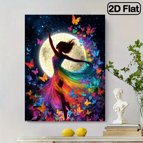 500pcs Large Jigsaw Puzzle Suitable for - Colorful Dancing Lady with Butterflies, Abstract Moonlight Silhouette, Challenging Family Activity Fun Group Gift.15x20.5 in