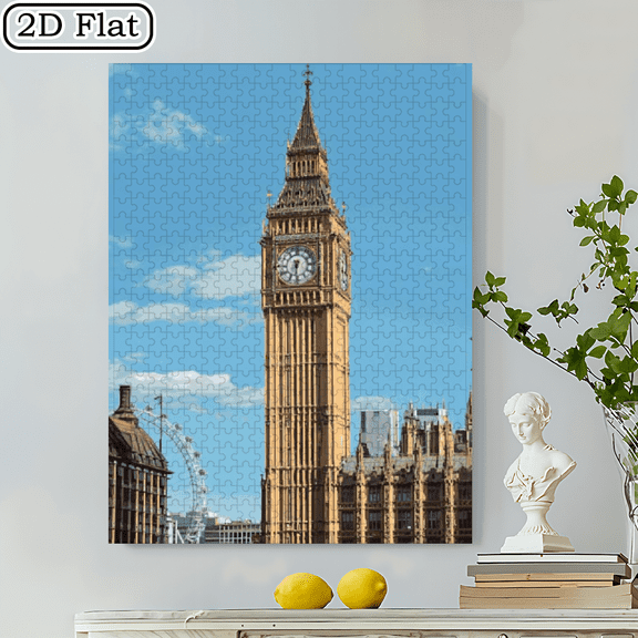 500pcs London Big Ben and Ferris Wheel Puzzle Adult Challenge Version Interlocking Design, Frameless Style, Retro London Cityscape Architecture Project.20.4*14.9 in