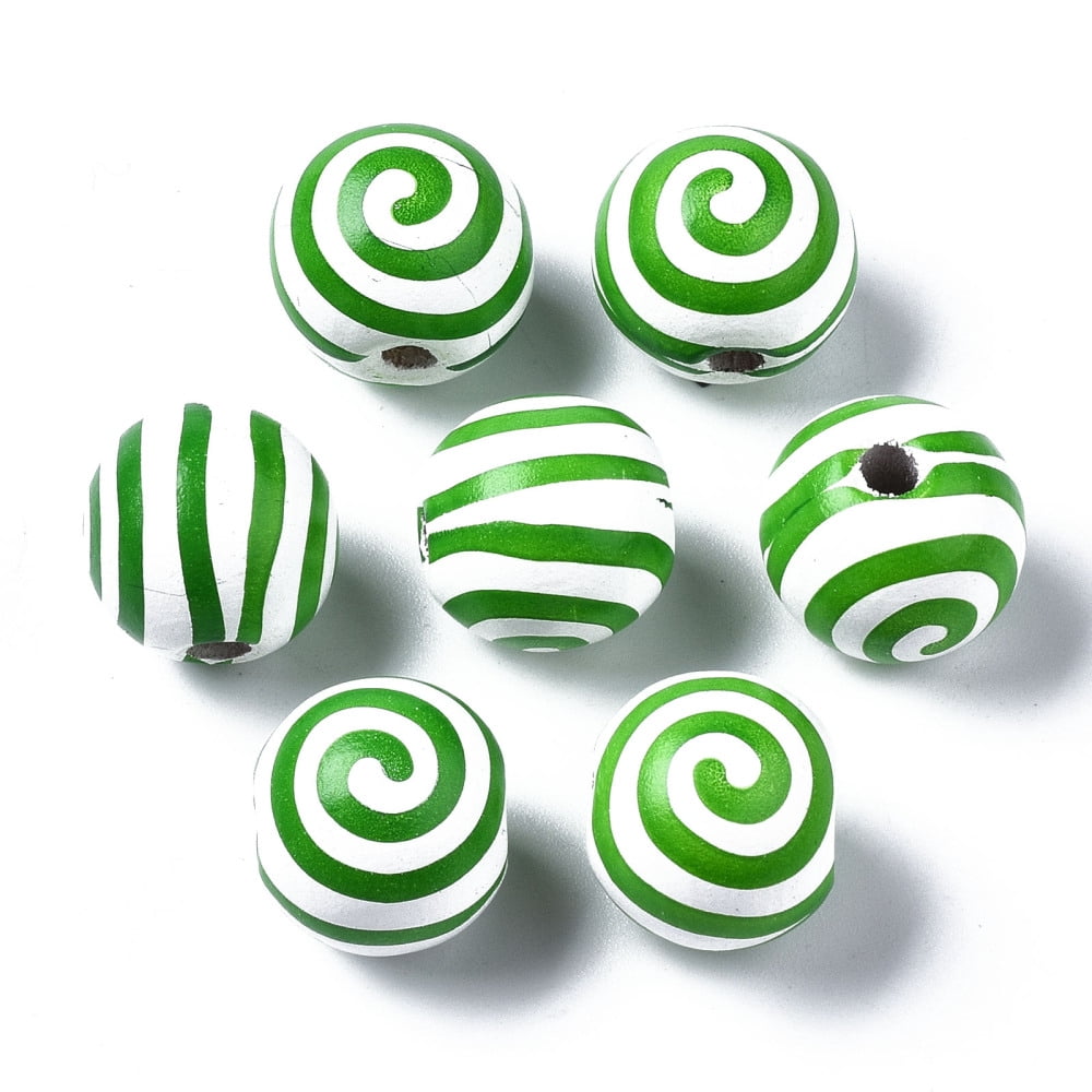 500pcs Painted Wood European Beads Large Hole Beads Printed Round with Stripe Green 16x15mm Hole: 4mm