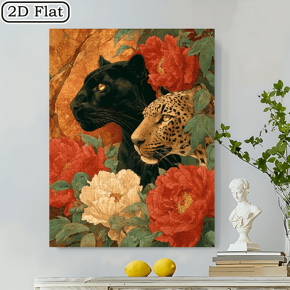 500pcs Panther Leopard Peony Puzzle, 20.5x15 Inch Cardboard Jigsaw Puzzle, Stress-Relief Fun for, Couples, Families, Gamers, Art Enthusiasts, Ideal Birthday/Thank You/Holiday Gift for New Year, Ch