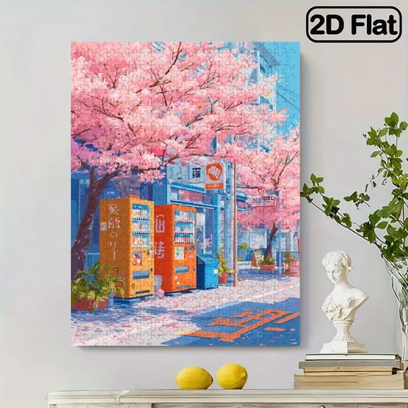 500pcs Paper Jigsaw Puzzle, Large Puzzle, DIY Puzzle, Featuring a Cherry Blossom Street, Vending Machine, and Falling Petals. Made of White Cardstock. 14.9*20.4 in.