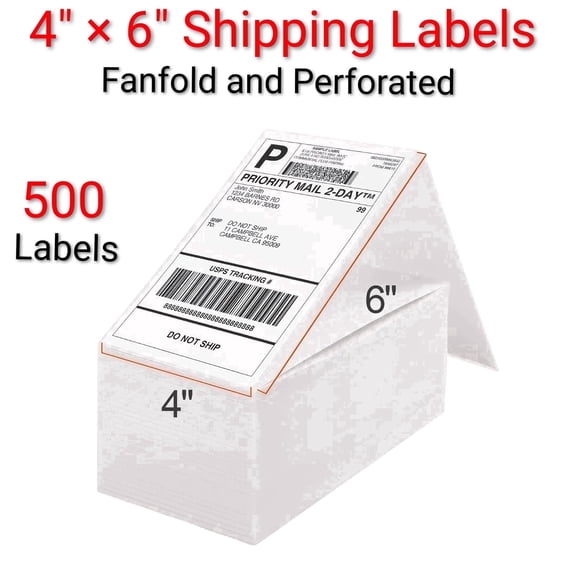 Unbranded 4" x 6" Thermal Shipping Labels for Thermal Printers (500pack Fanfold Perforated - Strong Adhesive)