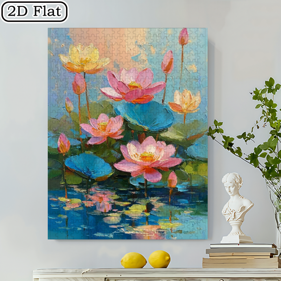 500pcs Pink for Lotus Pond Oil Painting Puzzle Suitable for Adults, Couples Families - Wall Art Challenge with Portable Cardboard, High-Difficulty DIY for Adults, Quality Print for Birthdays, New