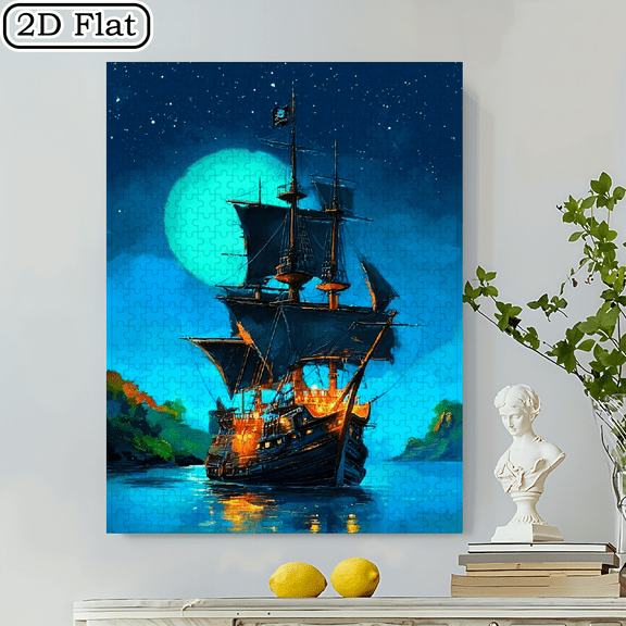 500pcs Pirate Ship Night Puzzle,20.4*19.4 Inches, Cardboard Material, Portable DIY, High - Difficulty for Adults Couples Families Gamers, Ideal for New Year Birthday Gifts, Creative Leisure, Art E