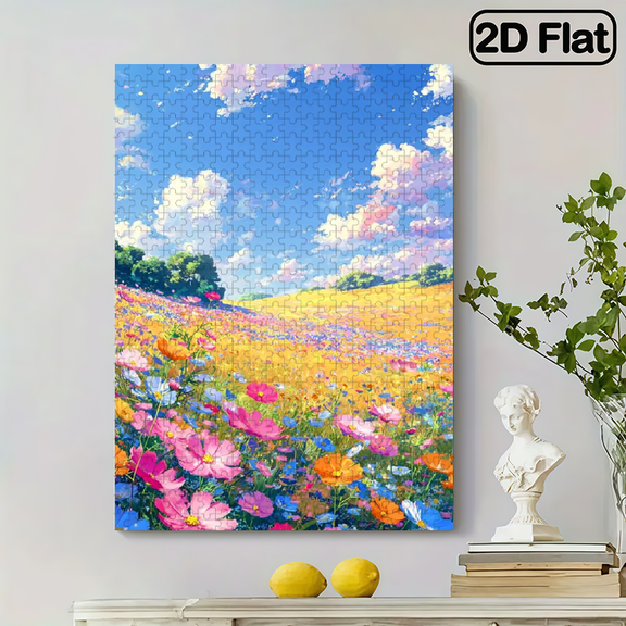 500pcs Puzzle - 5D-Style Picture Book-Style Blooming Flowers Blue Sky with White Clouds, Challenging Brain Teaser Families, Portable Box, Durable Construction, Relaxing Activity Gift (Beginner-F