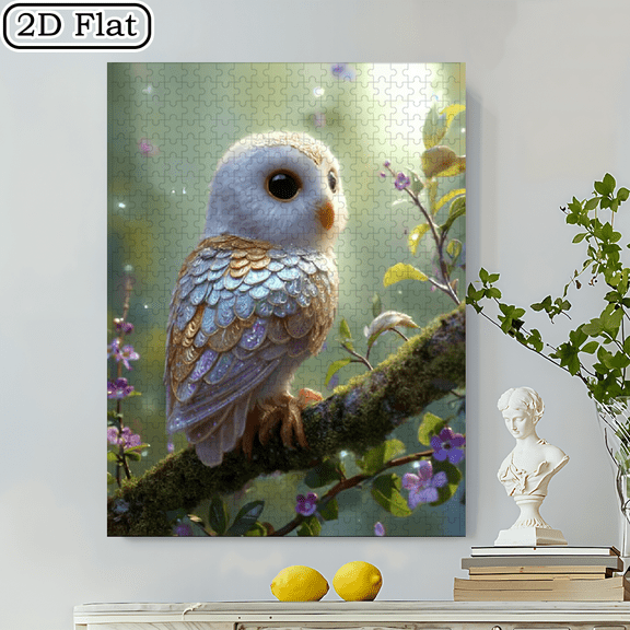 A 500pcs Puzzle for Adults Featuring an Owl Adorned with Golden And Blue Plumage, Sitting on a Branch Surrounded by Green Foliage And Purple Blooms. This Brain-Teasing Puzzle Offers Vibrant Illust