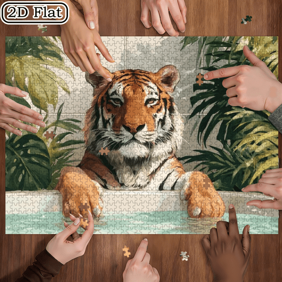 A 500pcs Puzzle for Adults Featuring a Tiger in a Bathtub Surrounded by Green Plants, Perfect for a Refreshing Summer Experience. This Enjoyable Collection Is Ideal for Birthdays And Holiday Gifts