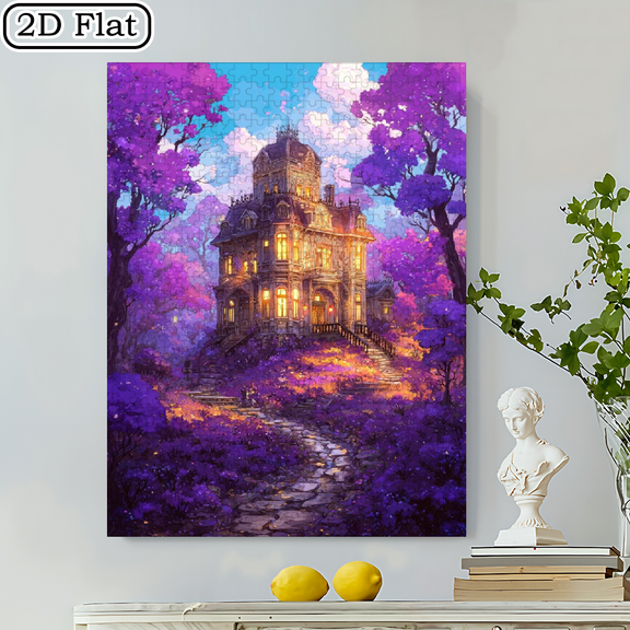 500pcs Puzzle - A Big Challenge, Fantasy Purple Forest Gothic Cottage Floral Scene with Difficulty Levels, Portable Box Ideal And Families,20.4*14.9 in.