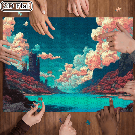 500pcs Puzzle - Chinese Landscape with Blue Sky, Pink Clouds, Red Mountains Clear Water - Large-Scale Challenging Puzzle, Portable Box, Gift, Relaxing Activity (Beginner-Friendly, 500pcs)