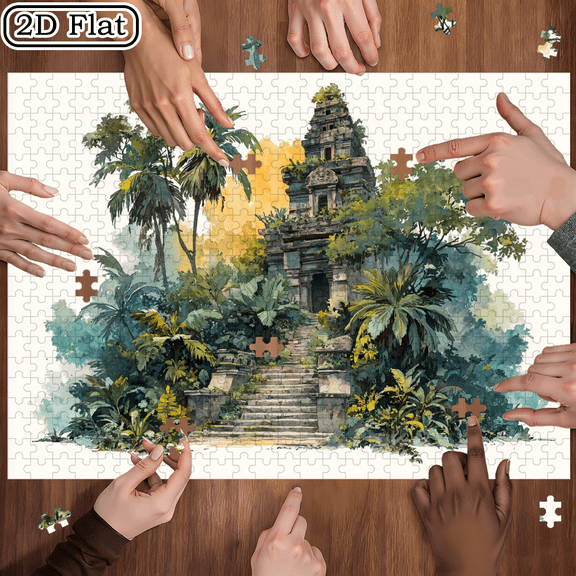 500pcs Puzzle - Colorful Tropical Temple Landscape Pattern Birthday/Holiday Gift, Home Decor, Leisure and Entertainment, Portable Rectangle Puzzle.20.4*14.9 in.