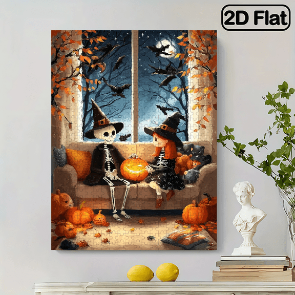 500pcs Puzzle Featuring a Skull And a Witch Hat Wearer Relaxing on a Couch with a Pumpkin. This Adult Puzzle Serves As Portable Cube Art Decor, Making It an Excellent Option for Those Who Enjoy