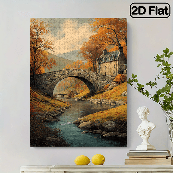 500pcs Puzzle Featuring a Vibrant Autumn Scene with an Ancient Bridge And Houses, Perfect for Art Decoration. Ideal for Christmas, Halloween, Easter, Birthdays, And Parties, Making It a Perfect