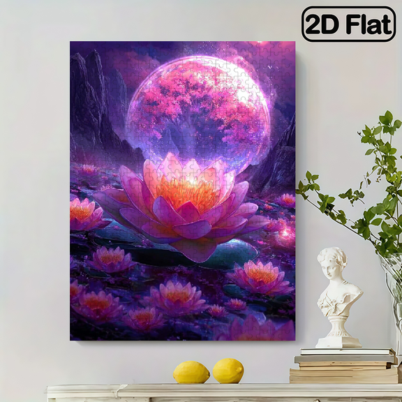 A 500pcs Puzzle Featuring a Vibrant Floral Design of Blooming Purple Light with Pink Petals, Ideal for Adults. This Portable Cube Art Decoration Is Beginner-Friendly And Makes a Perfect Gift for