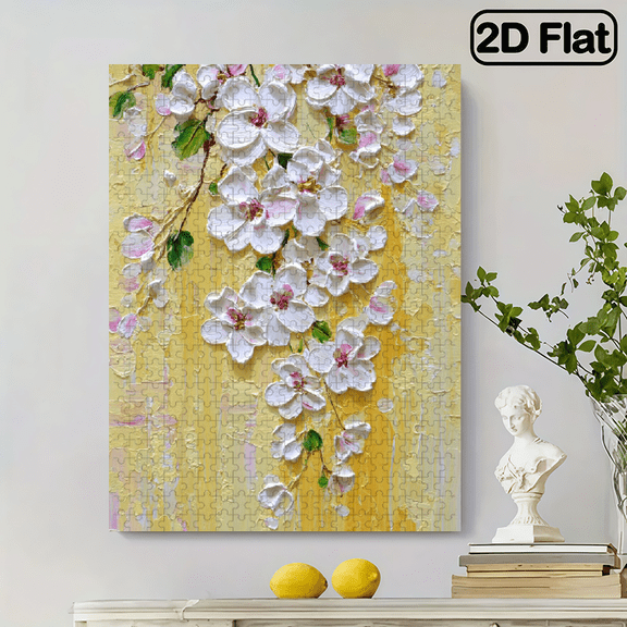 500pcs Puzzle Fun Puzzle- Hand-painted Floral Abstract Art- Elegant Golden F Decoration- Luxurious Rough Texture- Vibrant Peach Blossoms and Green Leaves
