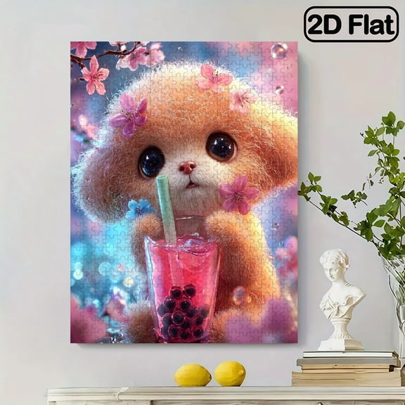500pcs Puzzle for Grown-Ups - Featuring a Large, Adorable Fluffy Puppy And Boba Tea, Adorned with Cherry Blossoms. This Challenging Brain Teaser Makes a Great Gift for Adults And Families