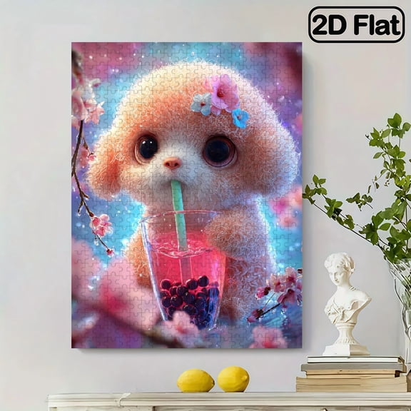 500pcs Puzzle for Grown-Ups - Featuring a Large, Adorable Fluffy Puppy And Boba Tea, Adorned with Cherry Blossoms. This Challenging Brain Teaser Makes a Great Gift for Adults And Families