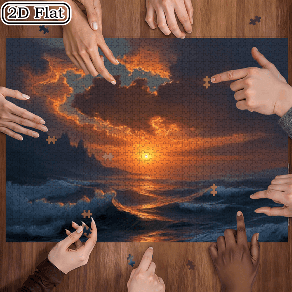 500pcs Puzzle - Large Challenging 5D-Style Ocean Sunset with Island Waves, Portable Box-Sized Brain Teaser Families, Relaxing Color-Coding Activity Game, Durable Construction (Beginner-Friendly, 5