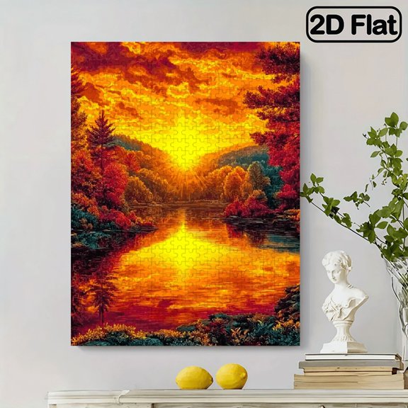 500pcs Puzzle - Sunset Lake Mountains with Sparkling Tree Reflections, Vibrant Orange Yellow Sunset Hues, Intermediate Challenge for Adults Families, Portable Cube Art Decor with Sturdy Cardboar