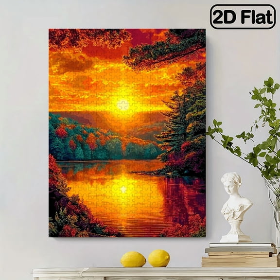 500pcs Puzzle - Sunset Lake Mountains with Sparkling Tree Reflections, Vibrant Orange Yellow Sunset Hues, Intermediate Challenge for Adults Families, Portable Cube Art Decor with Sturdy Cardboar