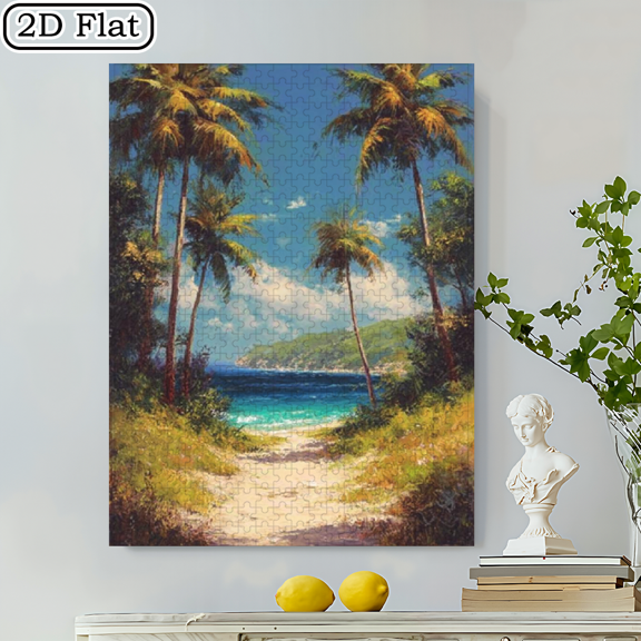 500pcs Puzzle - Tropical Jungle Trail with Palm Tree, Ocean Beach Scene in Lush Greenery and Blue Seascape for Challenging Level Bohemian Living Room Decor Complex Puzzles Educational Gift Idea Ho