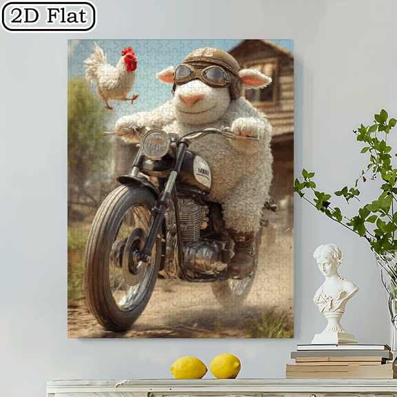 500pcs Puzzle - White Sheep Riding a Motorcycle with Chicks Birthday/Holiday Gift, Home Decor, Leisure and Entertainment, Portable Rectangle Puzzle.20.4*14.9 in.