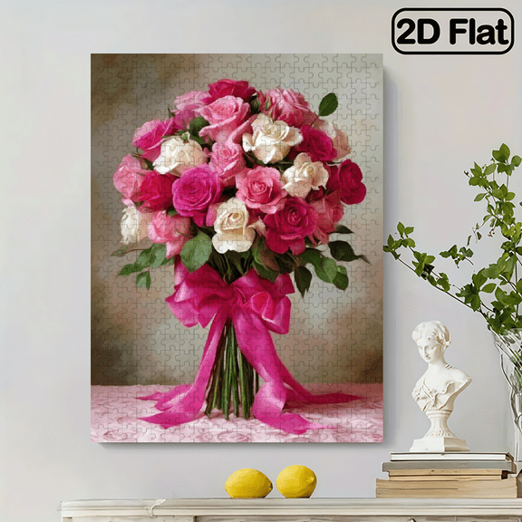 500pcs Rose Flower Puzzle Game - Romantic Pink Roses, Brain Teaser DIY Challenge for, Family Interaction Fun, Advanced Skill Level, White Rectangular Design, Engaging Paper Material Puzzle, Acti