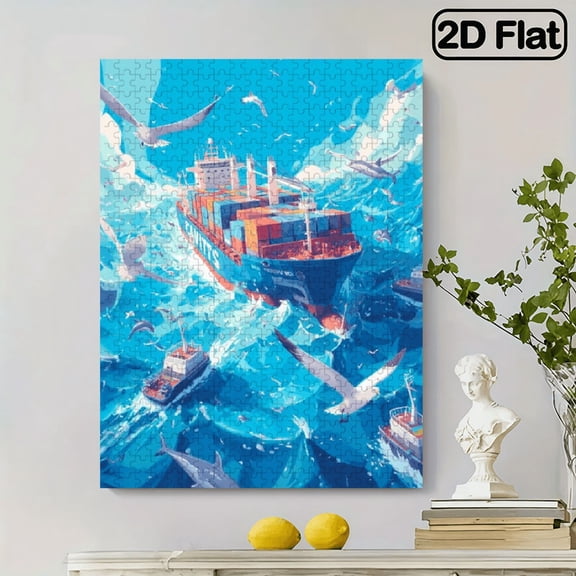 500pcs Shipping Container Ship Puzzle, Seagulls on Waves, Durable Cardboard, Nautical Theme, Ideal Holiday Gift, Family Fun